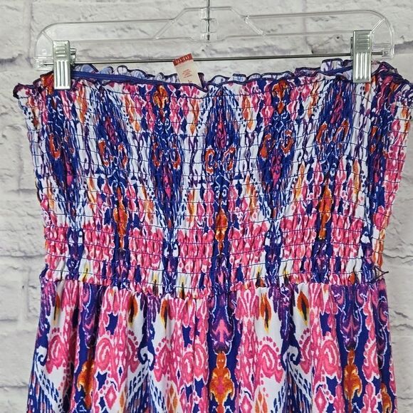 Strapless Maxi Dress Colorful IKAT print Sundress Smocked Babydoll A-line 15/17 - Picture 6 of 9